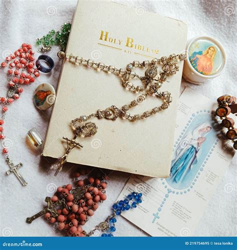 Holy Bible Rosary For Pray Stock Image Image Of Petal 219754695