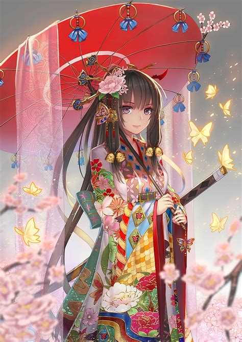 Hd Wallpaper Hair Ornament Long Hair Kimono Anime Girls Umbrella