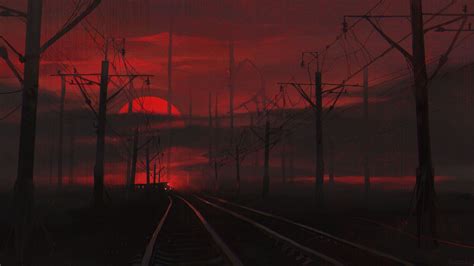 Railway Track With Red Sunset Background Hd Red Aesthetic