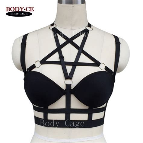 Pentagram Bra Bondage Lingerie Tops Cage Bralette Black Elastic Body