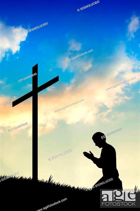 Illustration Of A Man Praying Under The Cross Stock Photo Picture And