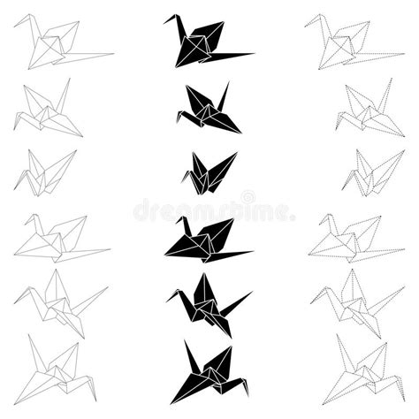 Set Of Origami Crane Vector Outline Silhouette And Dashed Illustration