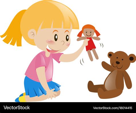 Girl Playing With Doll And Teddy Bear Royalty Free Vector