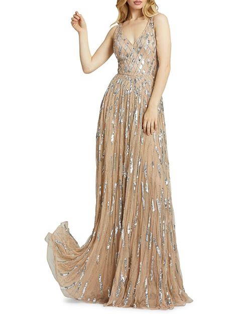 Mac Duggal Beaded Sequin A Line Gown In Natural Lyst