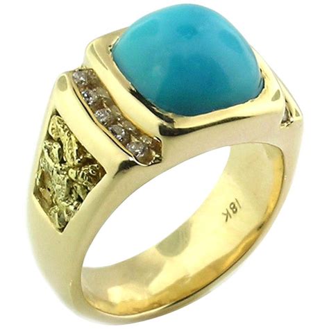 Kingman Mine Turquoise Diamond And Gold Nugget 18 Karat Mens Ring For