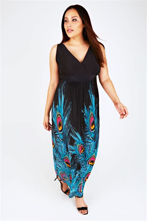 black and blue peacock feather print maxi dress plus size 16 to 32