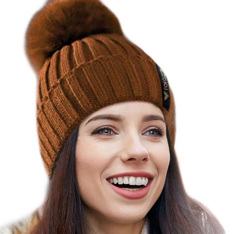 Buy Winter Beanie Pompom Hat Women Detachable Faux Fur Ball Brown At