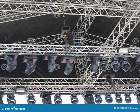 Structures Of Stage Illumination Spotlights Equipment And Speakers