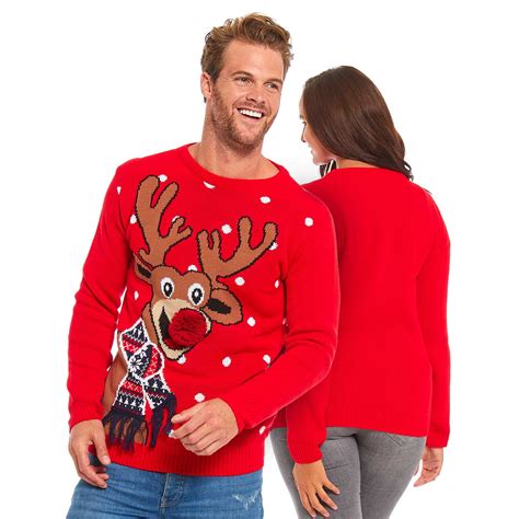 couples ugly christmas sweater with reindeer pom pom nose