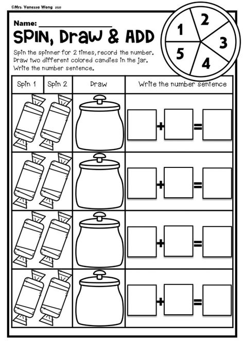 Kindergarten Math Worksheets Addition Roll And Spin Mrs Vanessa Wong