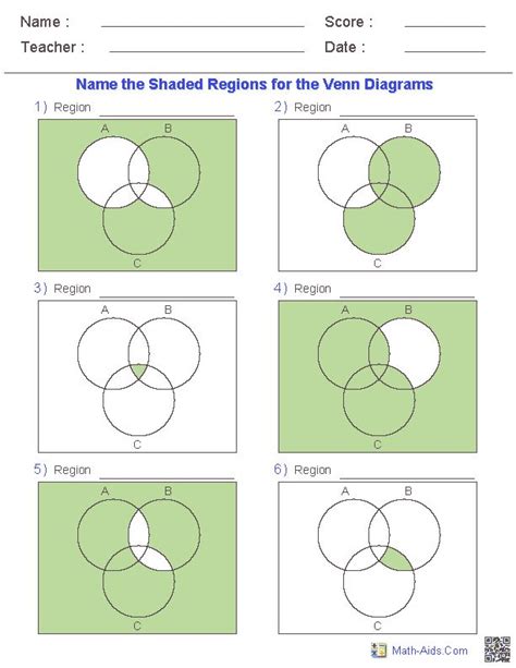 venn diagram worksheets name the shaded regions using three sets venn diagram worksheet