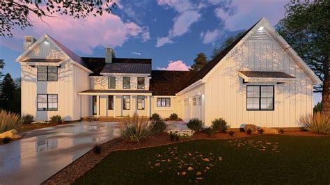 This L Shaped 15 Story Modern Farmhouse Plan Is Highlighted On The