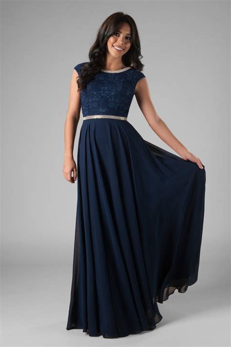 These dresses are designed with noble fabrics and delicate details. Affordable Modest Prom Dresses : Bethie Navy - LatterDayBride