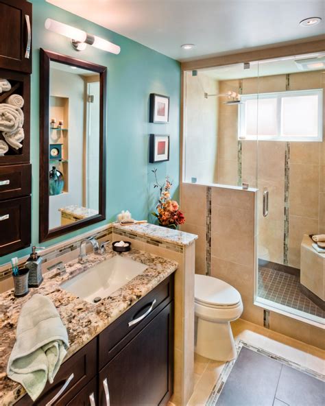 A dark wood finish for your vanity will bring in some warmth to your bathroom. Contemporary Bathroom With Dark Wood Vanity and Turquoise ...