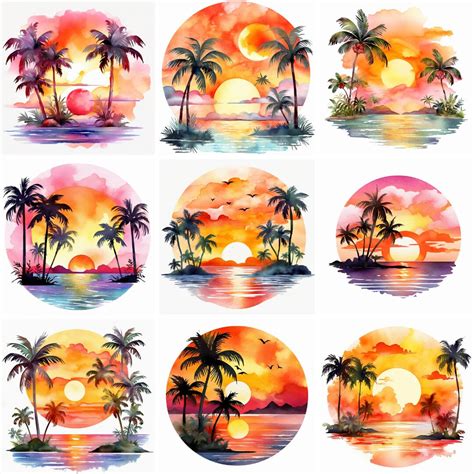 20 Png Watercolor Tropical Sunset Clipart Beach Sunset Etsy