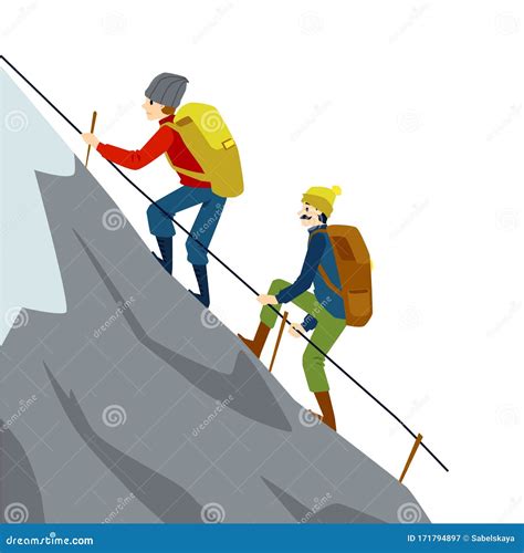 Mountain Climber Couple Climbing High Rock Rope Holding Rope Rail Stock