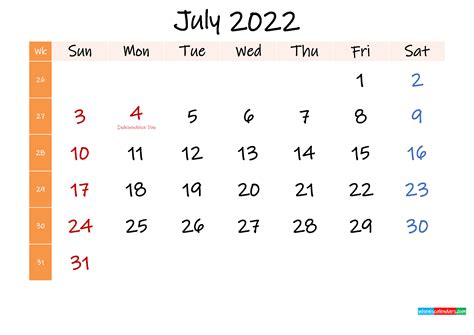Free July 2022 Monthly Calendar Template Word Template K22m415