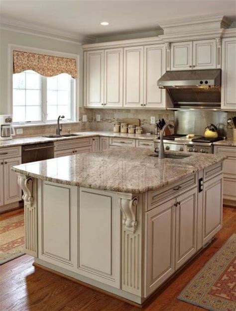 Antique white kitchen cabinets look beautiful paired with dark hardwood flooring and other dark color decor. ≫25 Antique White Kitchen Cabinets Ideas That Blow Your Mind - Reverb