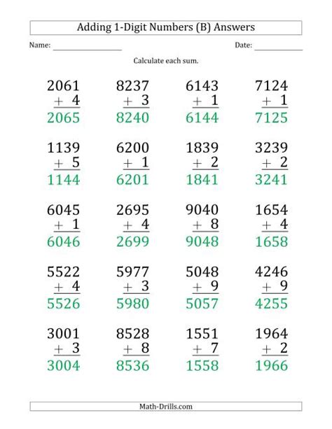 Large Print 4 Digit Plus 1 Digit Addition With Some Regrouping B