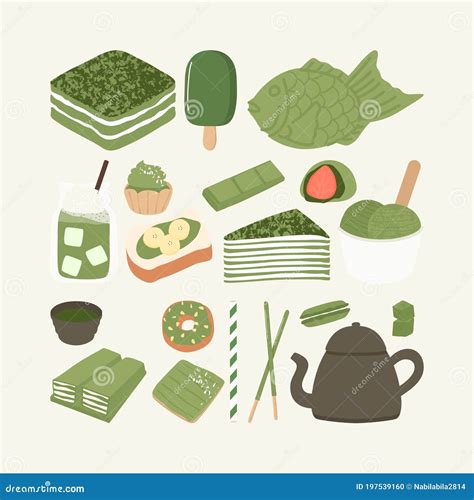 Set Of Matcha Green Tea Dessert Food Illustration Stock Vector