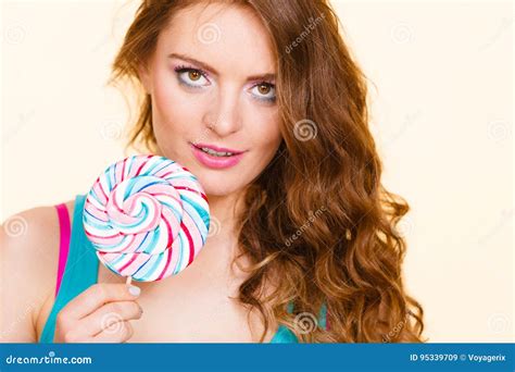 Woman Joyful Girl With Lollipop Candy Stock Image Image Of Flirty