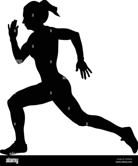 Young Female Athlete Runner Run Sprint Race Black Silhouette Stock
