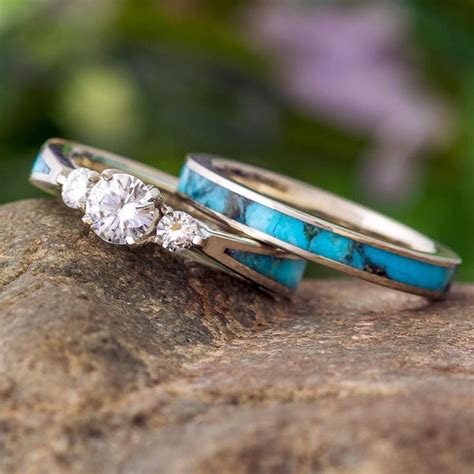 Unique Three Stone Bridal Set With Turquoise Jewelry By Johan