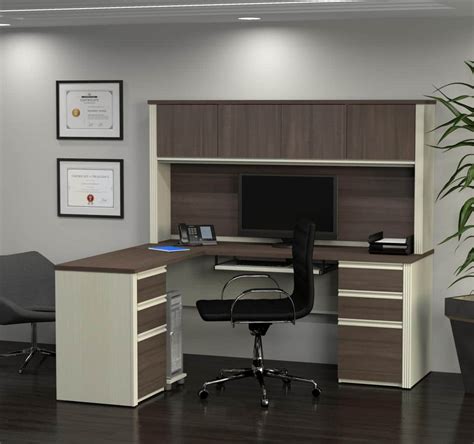 Prestige Modern L Shaped Office Desk With Two Pedestals And Hutch