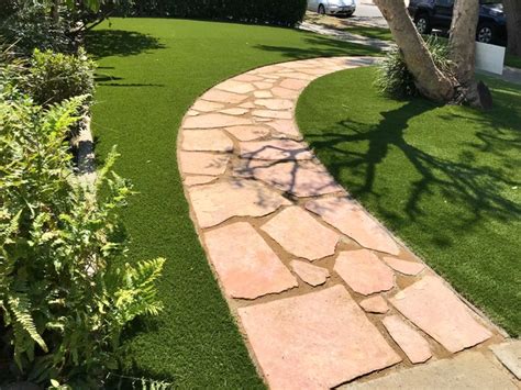 Frontyard Artificial Grass With Flagstone Walkway Midcentury Garden