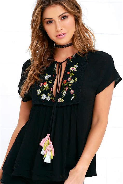 Cute Embroidered Top Black Top Boho Top 4700 Lulus