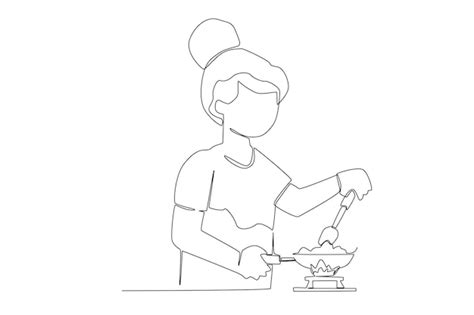 Premium Vector A Woman Cooking In The Kitchen Line Art