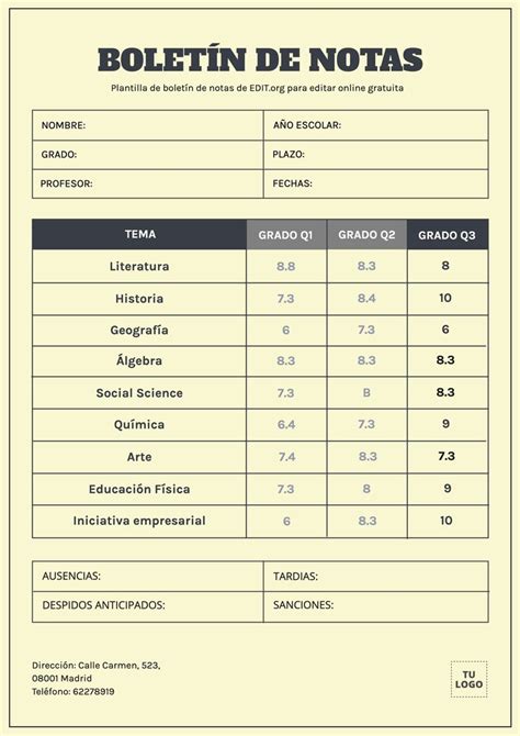 Plantillas De Boletín De Notas Personalizables Online