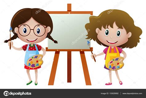 Two Girls Painting On Canvas Stock Vector Image By ©brgfx 133029082