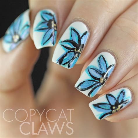 Copycat Claws Freehand Blue Flower Nail Art