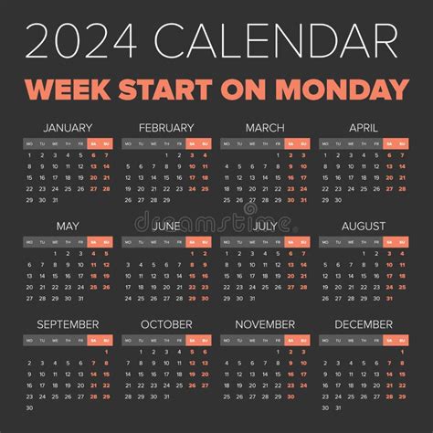 Simple 2024 Year Calendar Weeks Start On Monday Stock Vector