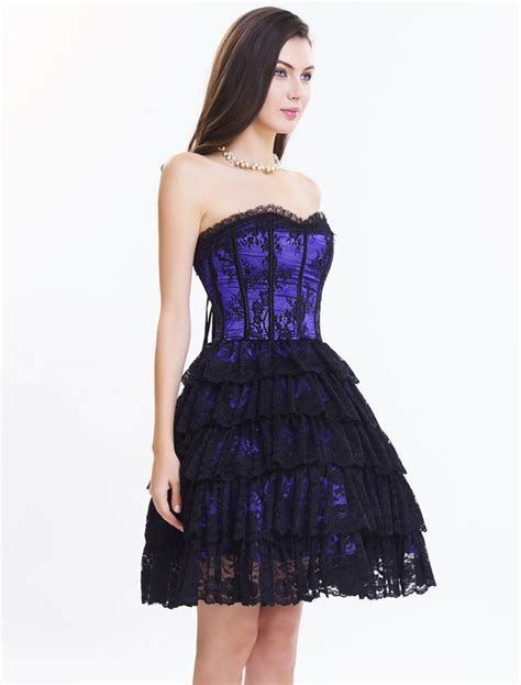 Lace Corset Dress Womens Sweetheart Lace Up Strapless Two Tone Layered