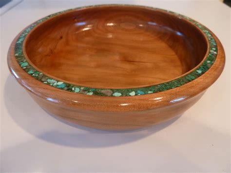 An 8 Inch Hand Turned Cherry Wood Bowl With Malachite And Turquoise