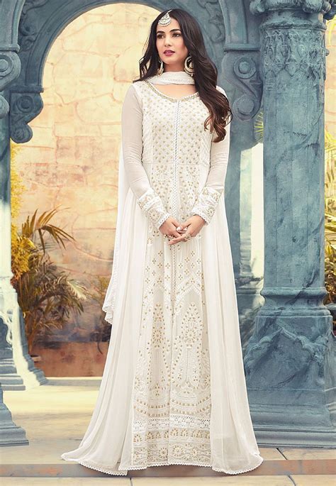 Embroidered Georgette Abaya Style Suit In Off White Dresses White