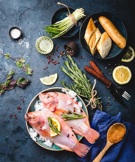 Raw Fish And Ingredients Stock Image Image Of Overhead 115056977