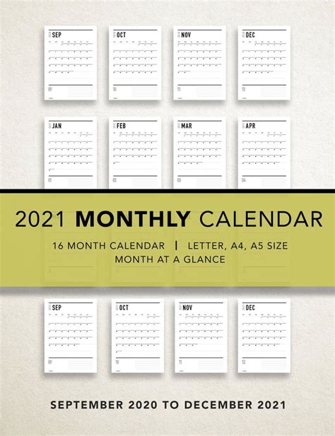 2021 Monthly Calendar 16 Month Calendar College Planner Monthly
