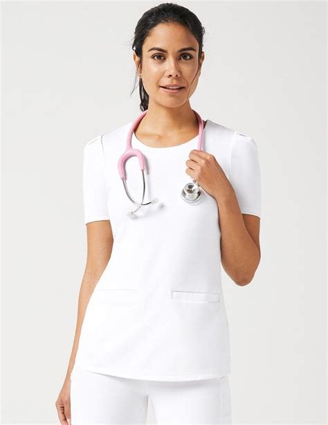 Pleated Tunic Top In White Medical Scrubs By Jaanuu Tunic Tops