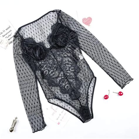 women bodysuits sexy black summer new gothic sleepwear lingerie lace slim floral hollow mesh