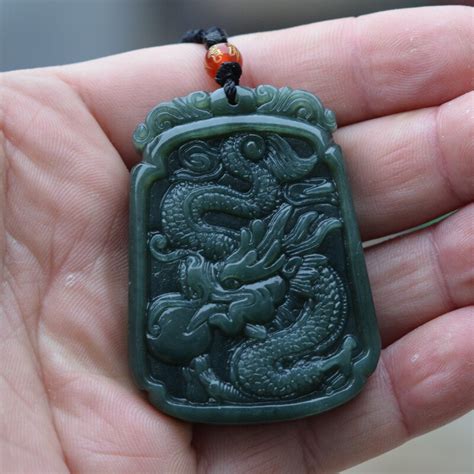 Natural Green Hetian Jades Pendant Carved Chinese Dragon With Beads