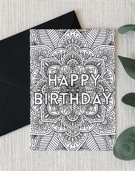 Happy Birthday Coloring Card Mandala Printable Digital Etsy Israel
