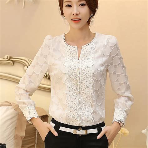Women Blouse 2019 Elegant Floral White Lace Shirt O Neck Long Sleeve