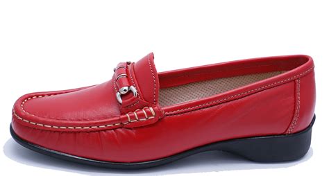 Womens Red Genuine Leather Cotswold Comfort Loafers Slip On Casual