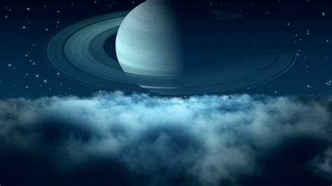 Flying Through Dense Clouds At Night With Beautiful View Of Saturn And