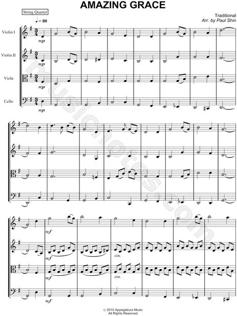 Traditional Amazing Grace String Quartet Score Sheet Music In G