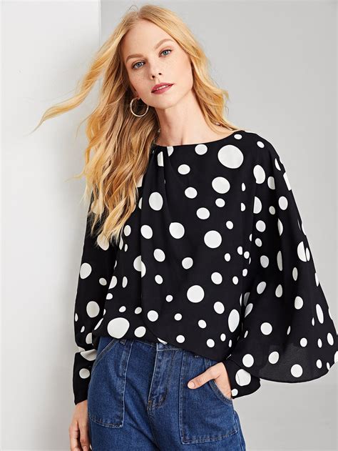 casual polka dot top regular fit round neck long sleeve pullovers black and white regular length