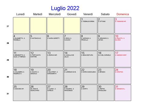 Calendario Luglio 2022 Con Festività E Fasi Lunari